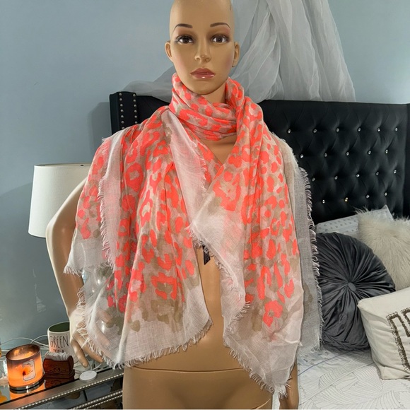 Express Coral Orange Beige Leopard Print Scarf Beautiful Spring Summer Fall - Picture 2 of 14